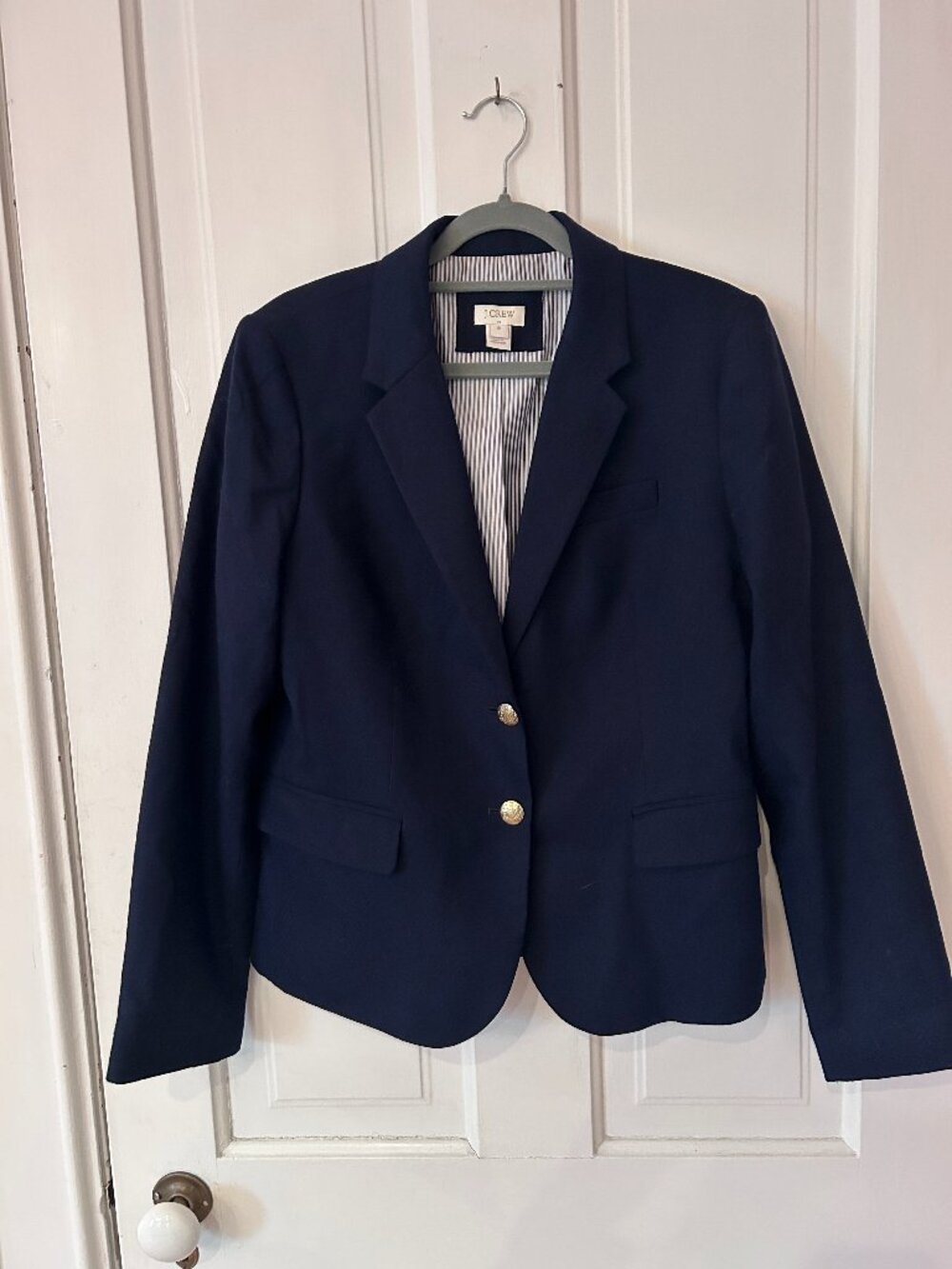 J.Crew Navy Schoolboy Blazer Wool Gold Crest Buttons Striped Lining Sz 10